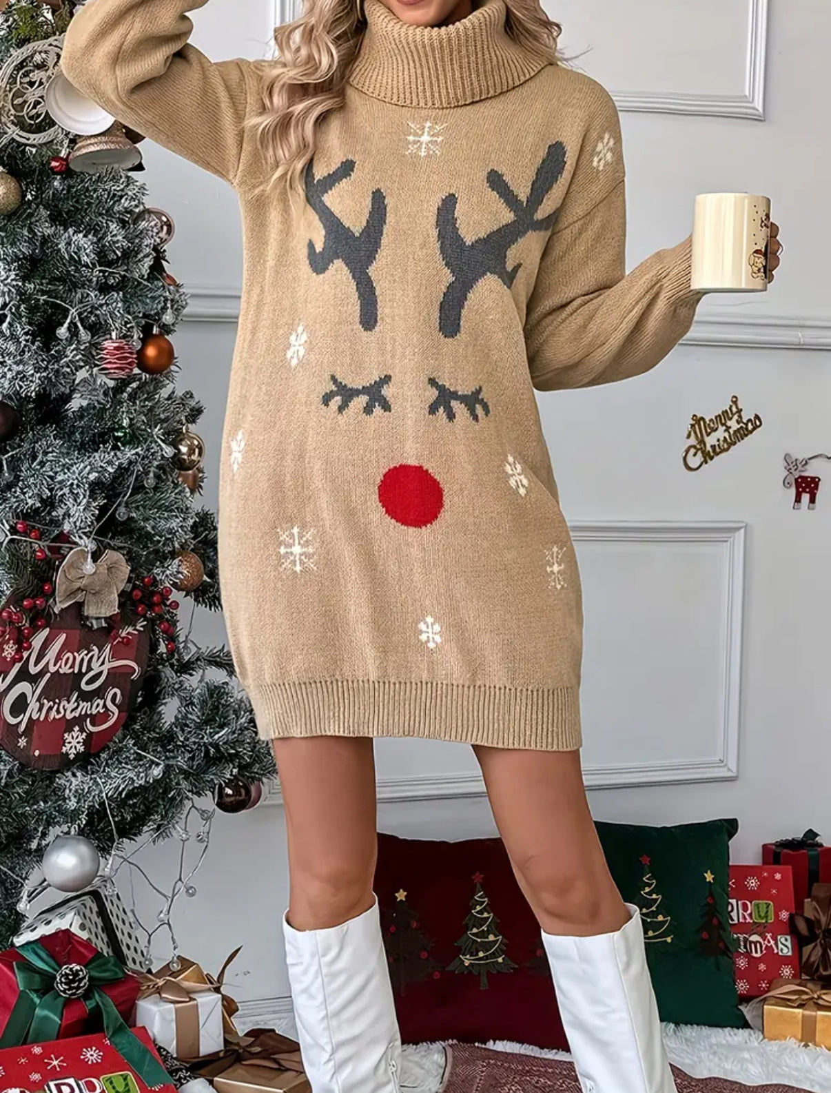 🦌 Reindeer Sweater Dress – Pleasant Threads™ Holiday Collection
