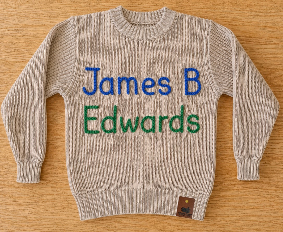 James B. Edwards Elementary Font Heirloom Chain Stitch Sweater