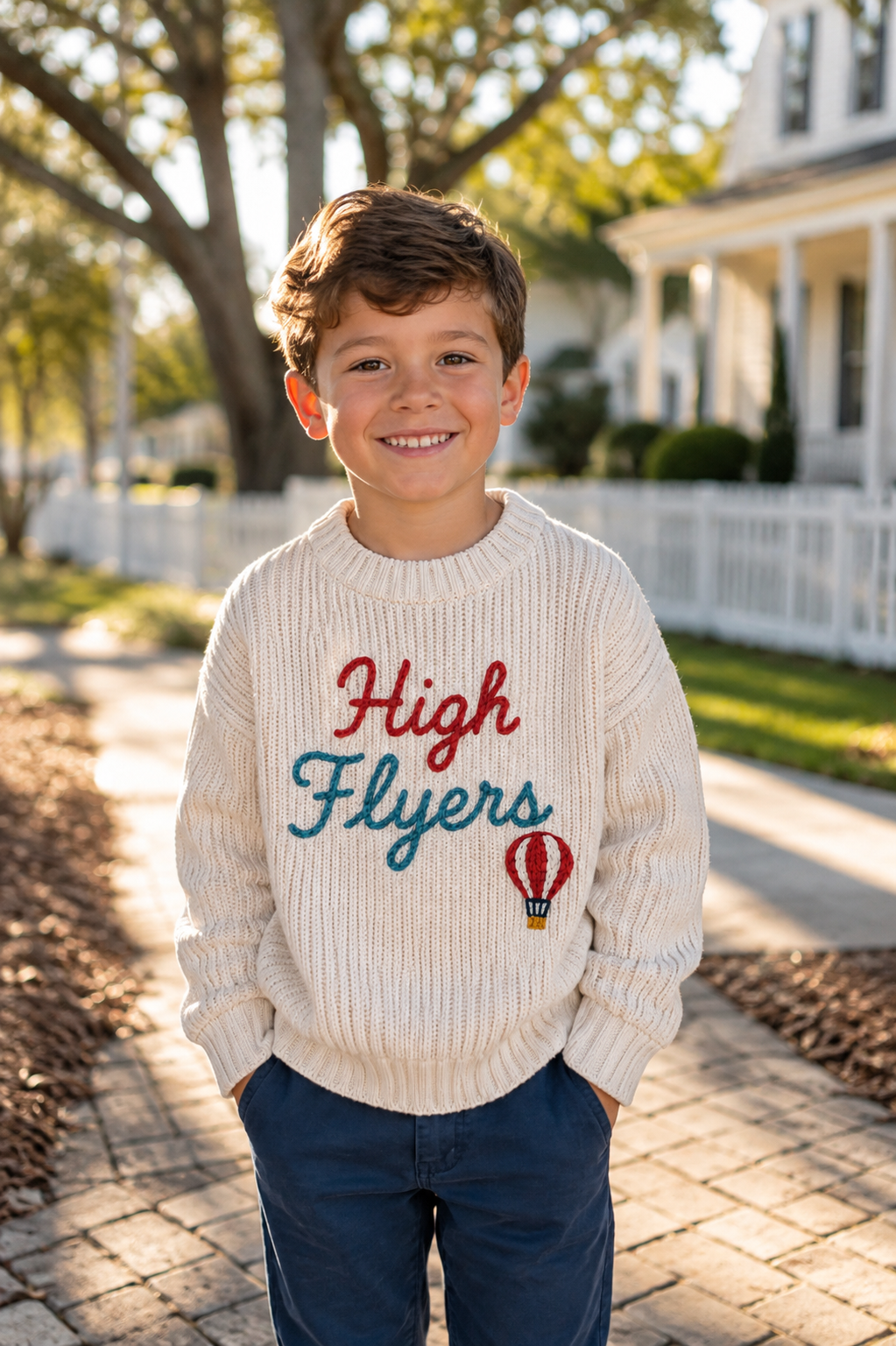 Belle Hall Signature “High Flyers” Heirloom Chain Stitch Sweater 💙🎈