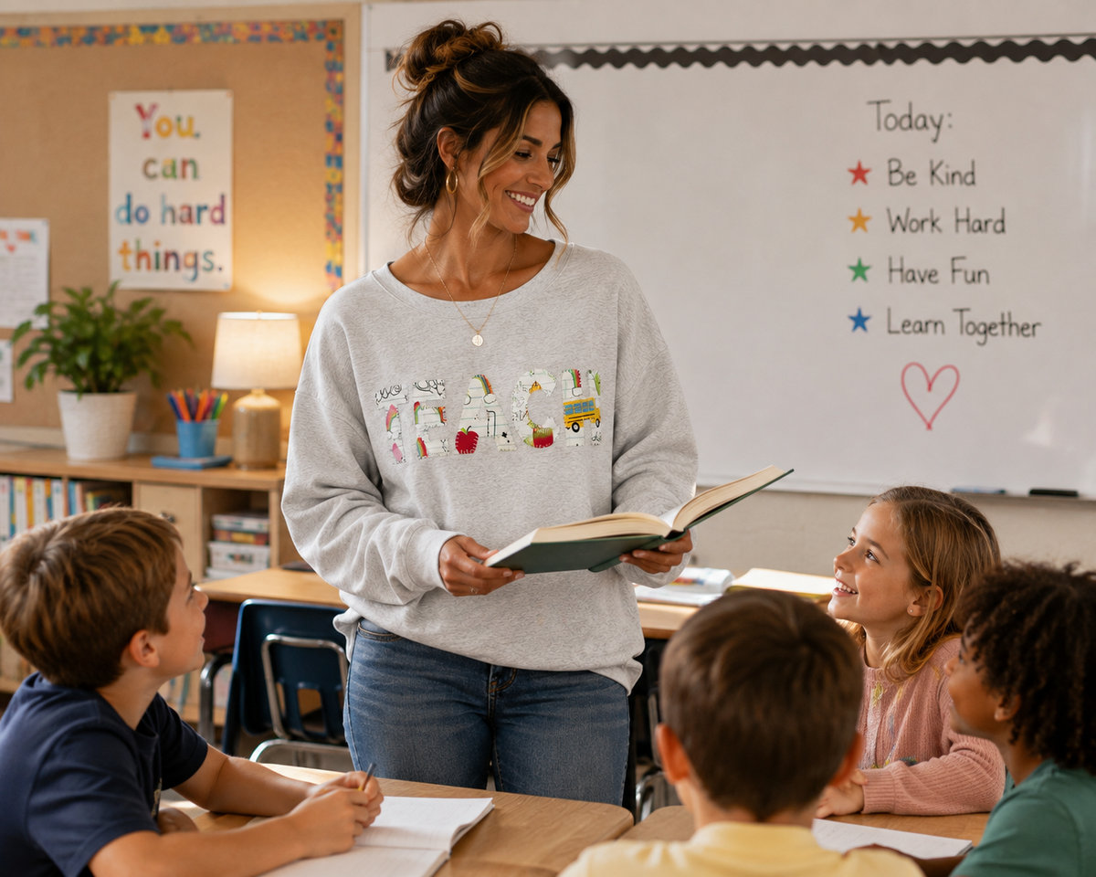 Lightweight “TEACH” Blanket Stitch Appliqué Sweatshirt