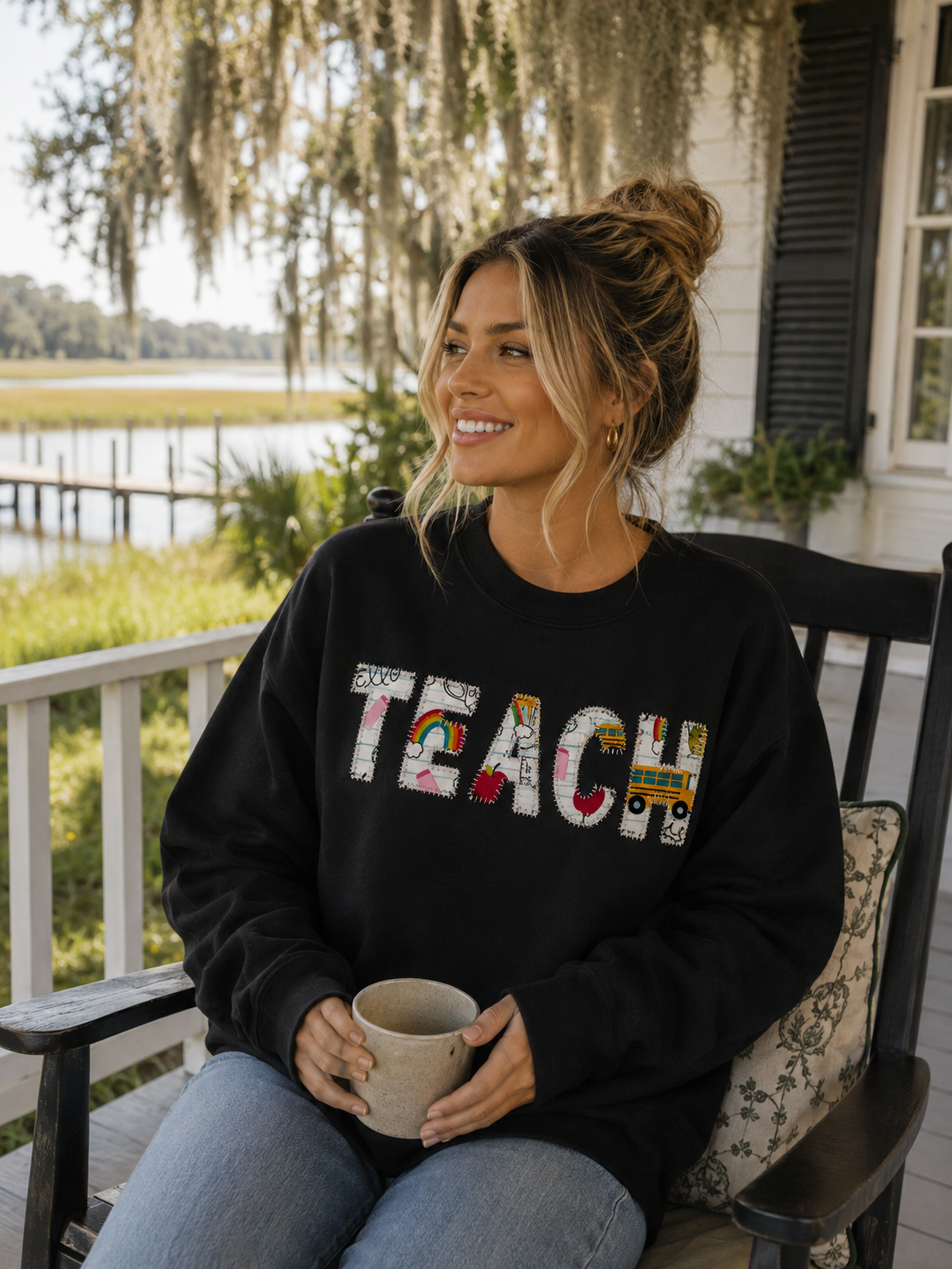 Lightweight “TEACH” Blanket Stitch Appliqué Sweatshirt