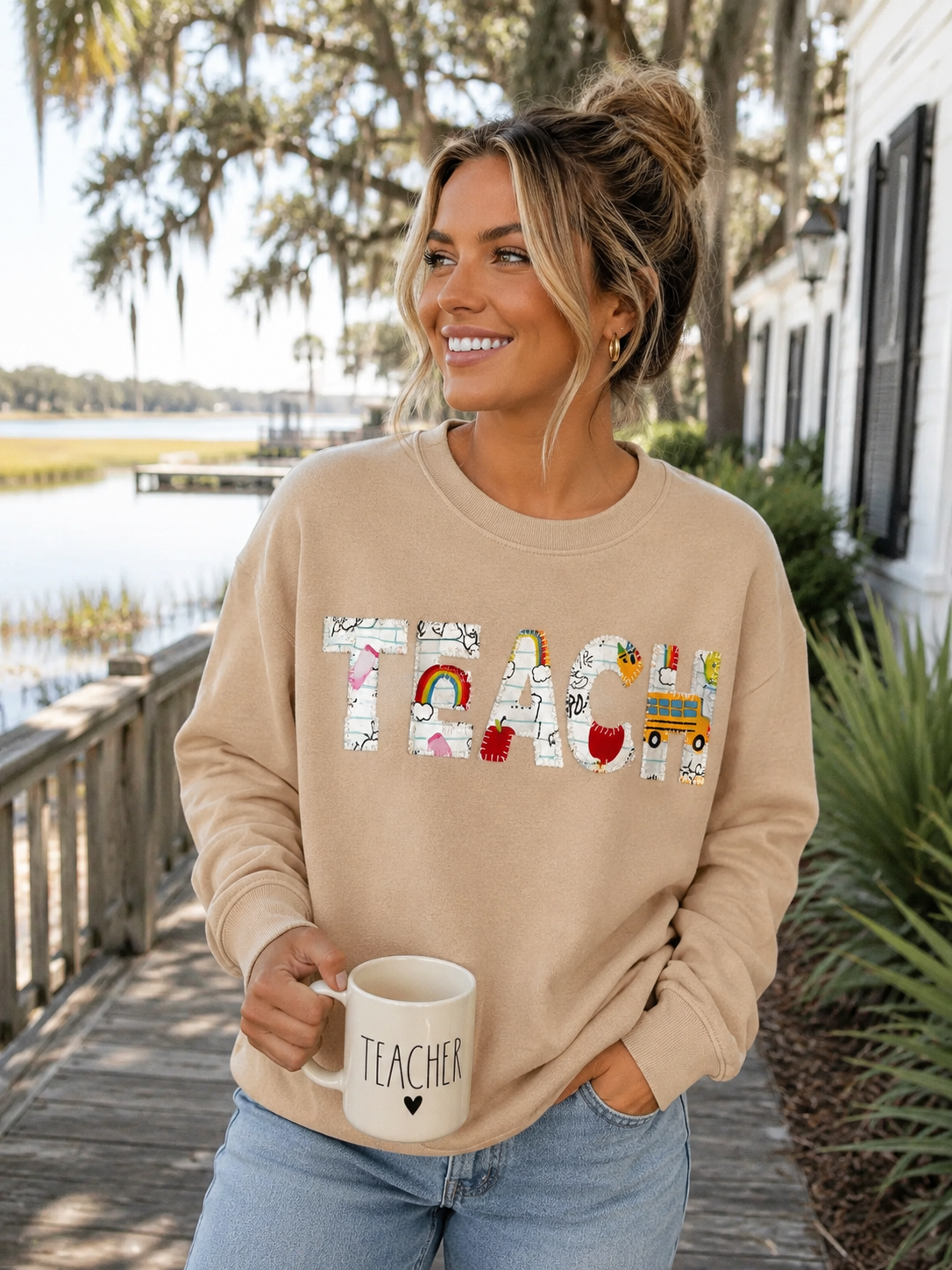 Lightweight “TEACH” Blanket Stitch Appliqué Sweatshirt